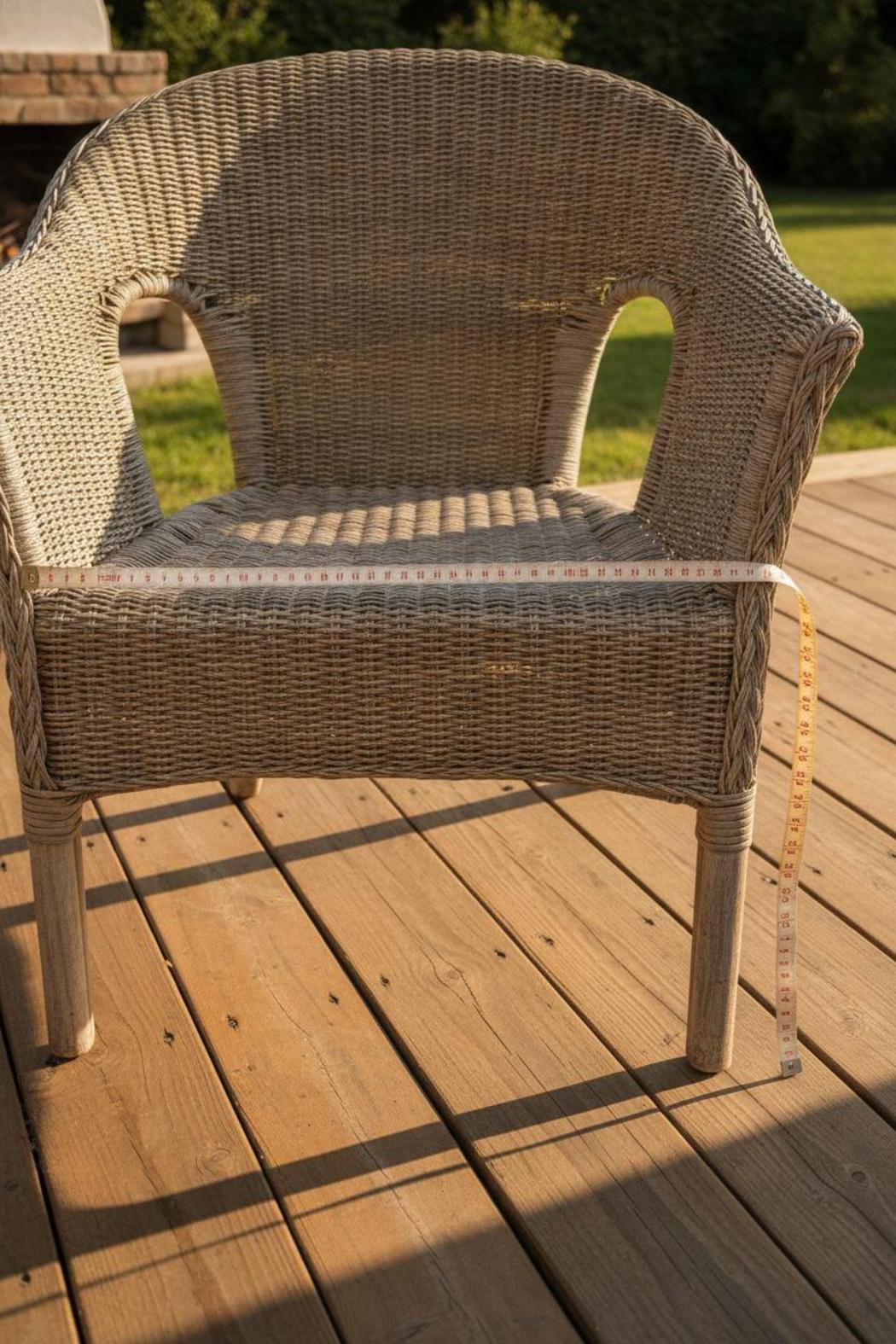 Measuring rattan chair seat depth and width with tape measure — standard outdoor cushion sizes guide
