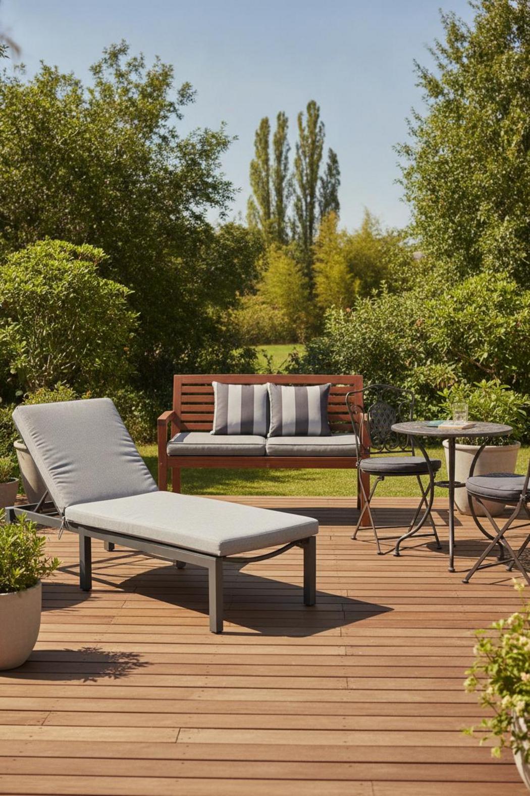 Backyard deck with dining, lounge, and bench cushions in gray tones illustrating standard outdoor cushion sizes guide