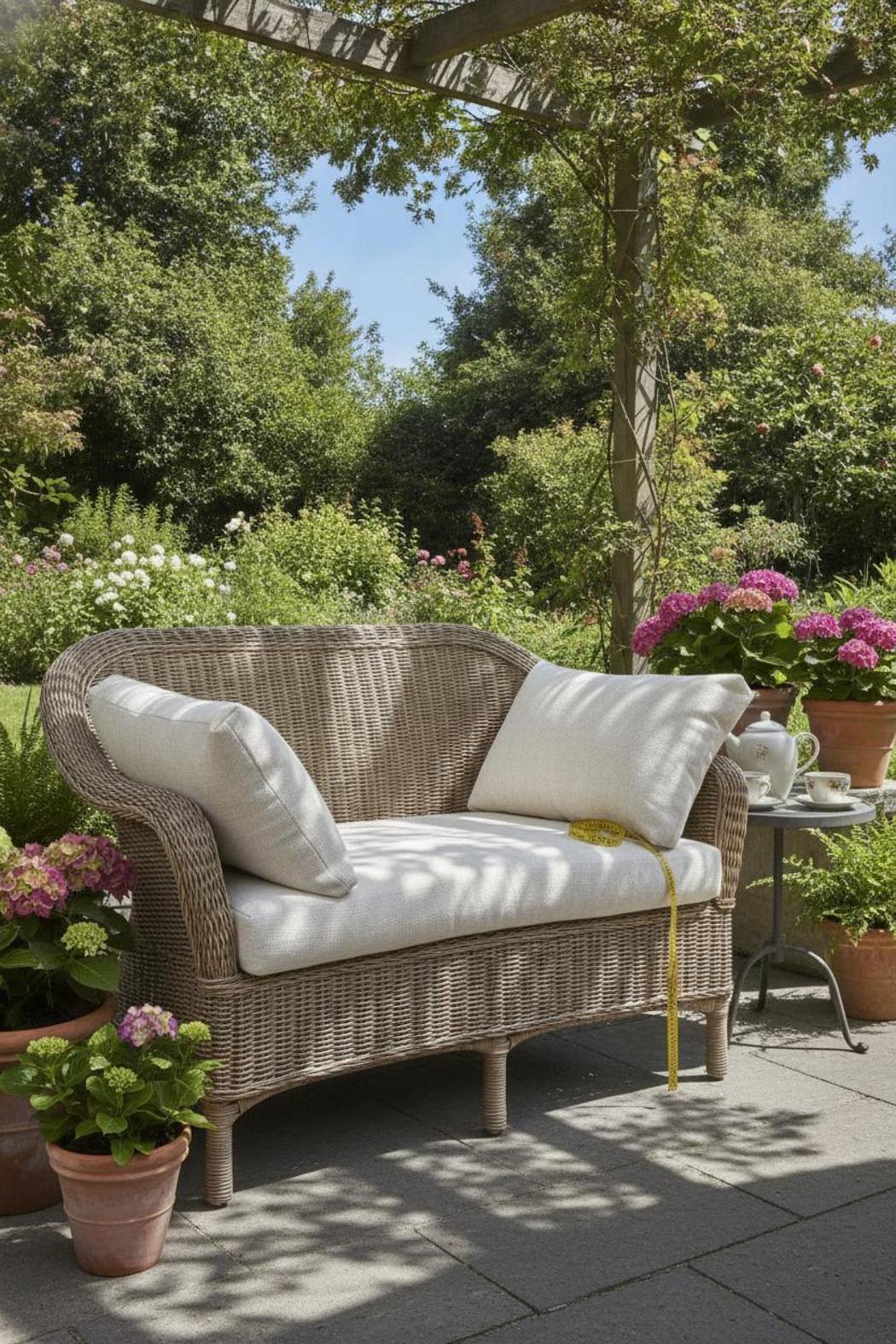 Wicker loveseat with oversized cushion overhanging edges and measuring tape — a practical standard outdoor cushion sizes guide moment