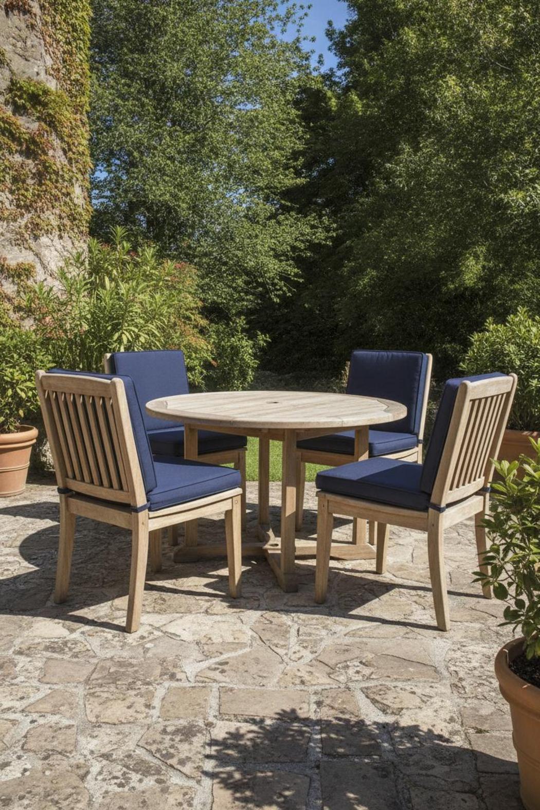 Teak patio dining set with navy blue seat cushions showing standard outdoor cushion sizes guide for chairs