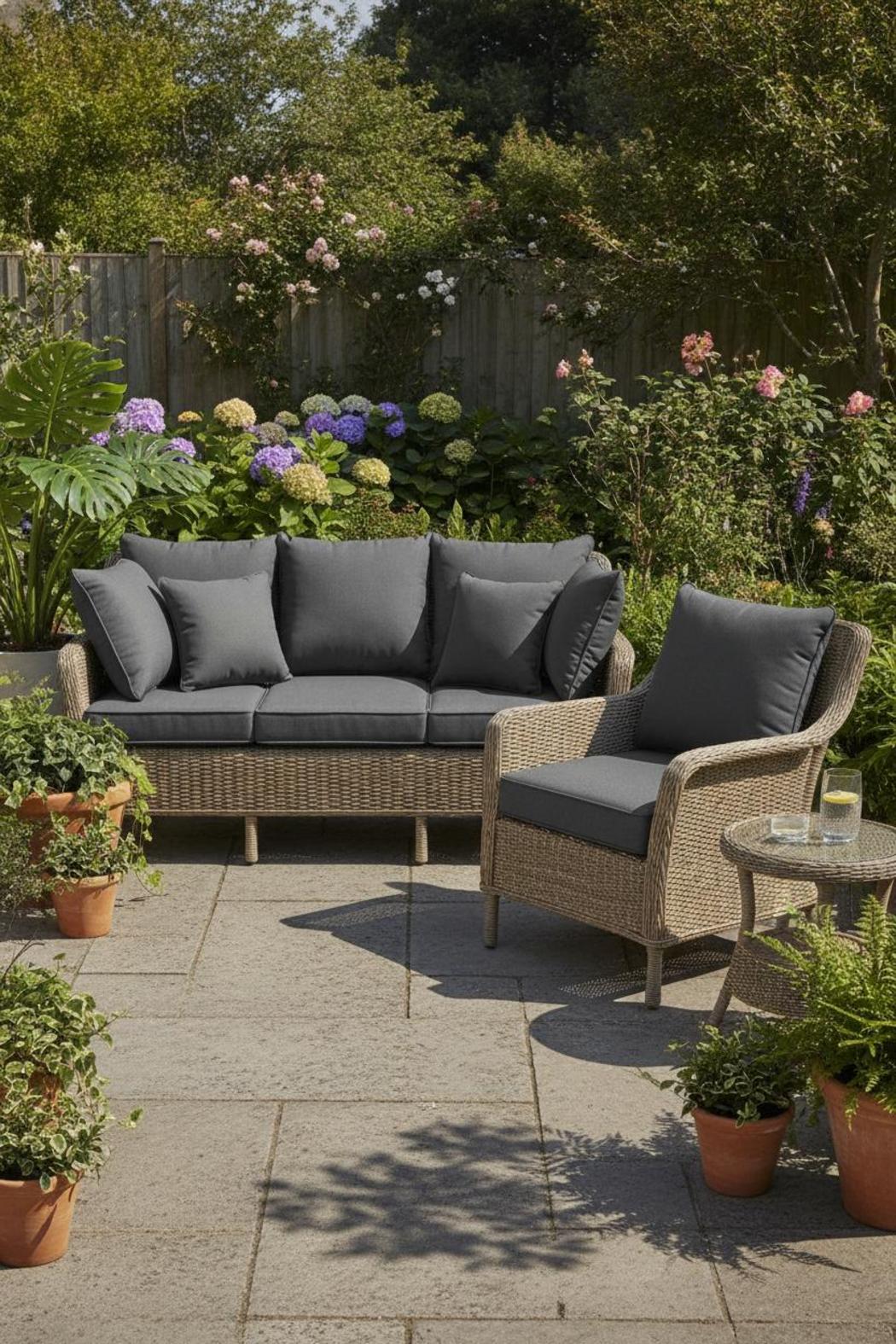 Rattan garden sofa set with slate grey rattan furniture cushions replacement set on a sunny paved patio with potted plants