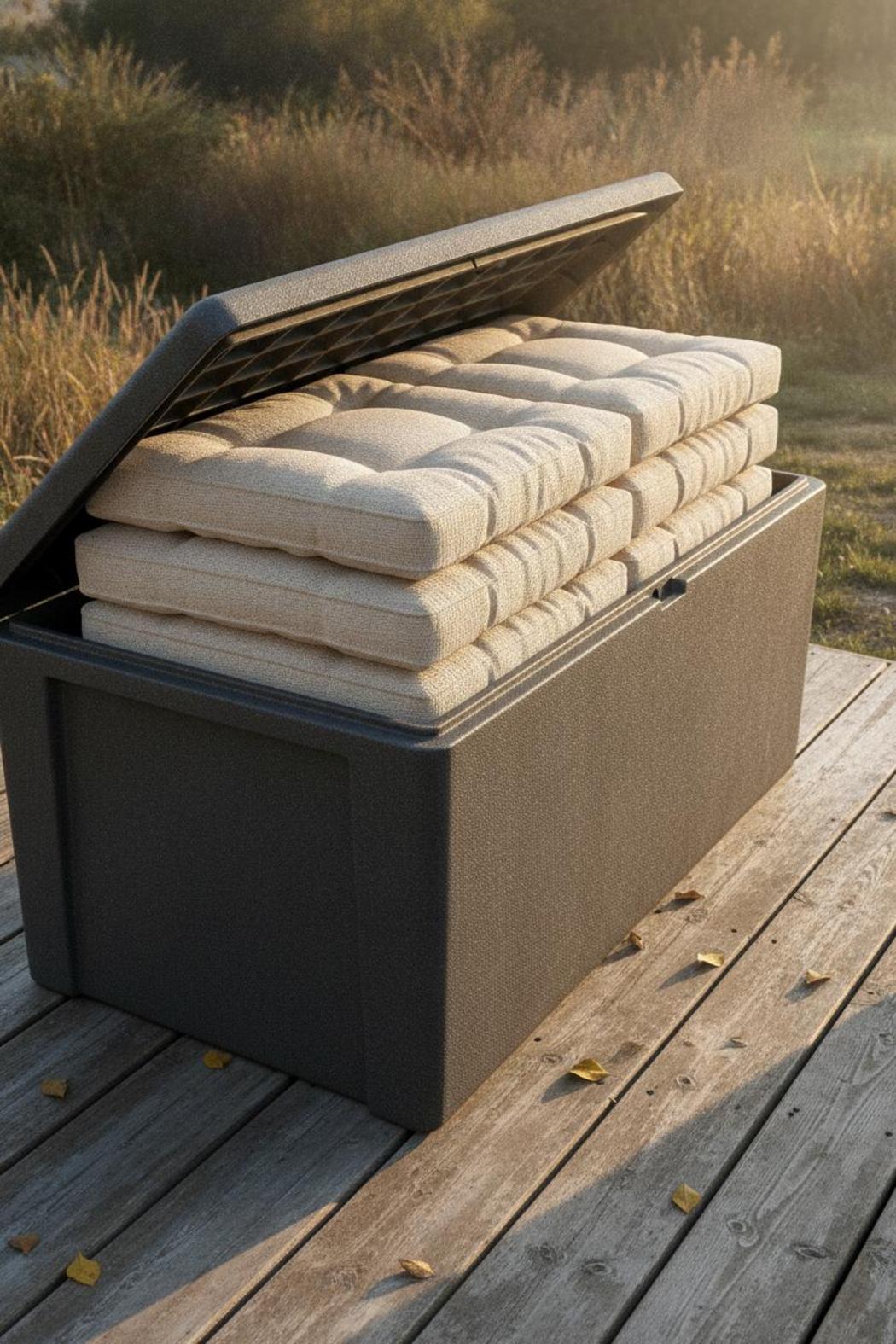 Storing a rattan furniture cushions replacement set in a waterproof box on a deck to extend their lifespan