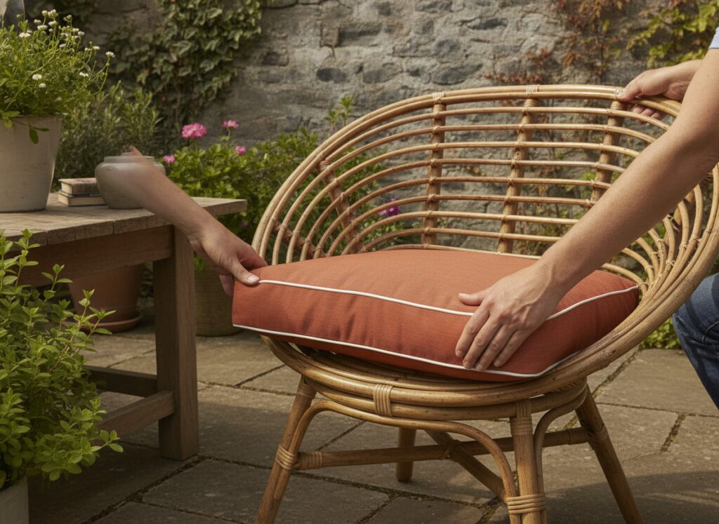Hands fitting a terracotta replacement cushion onto a rattan wicker armchair on a garden terrace
