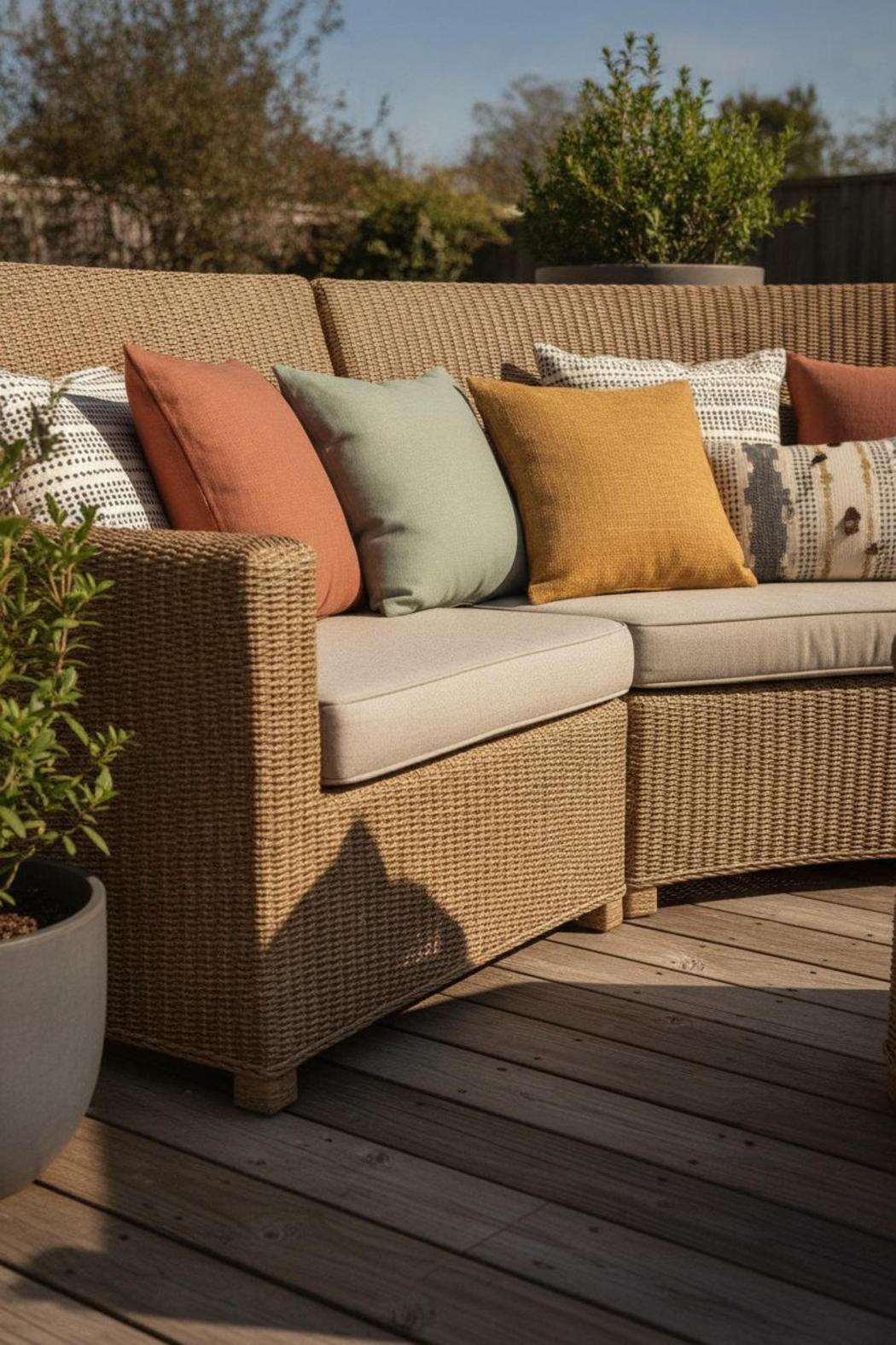 Earthy-toned outdoor cushions on rattan sectional sofa — waterproof outdoor cushions buying guide for 2026