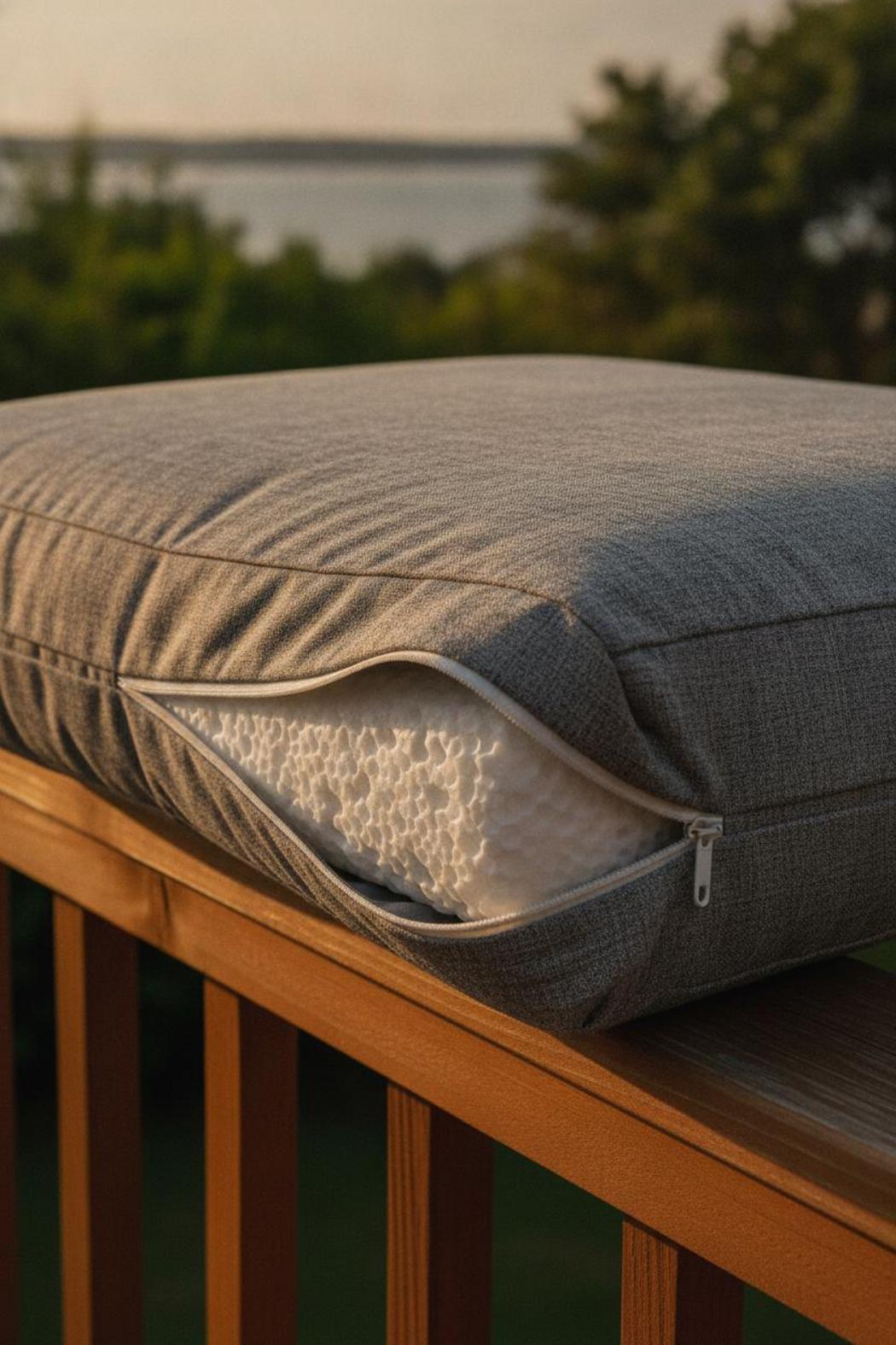 Outdoor cushion cover unzipped revealing quick-dry foam insert on deck rail — waterproof outdoor cushions buying guide