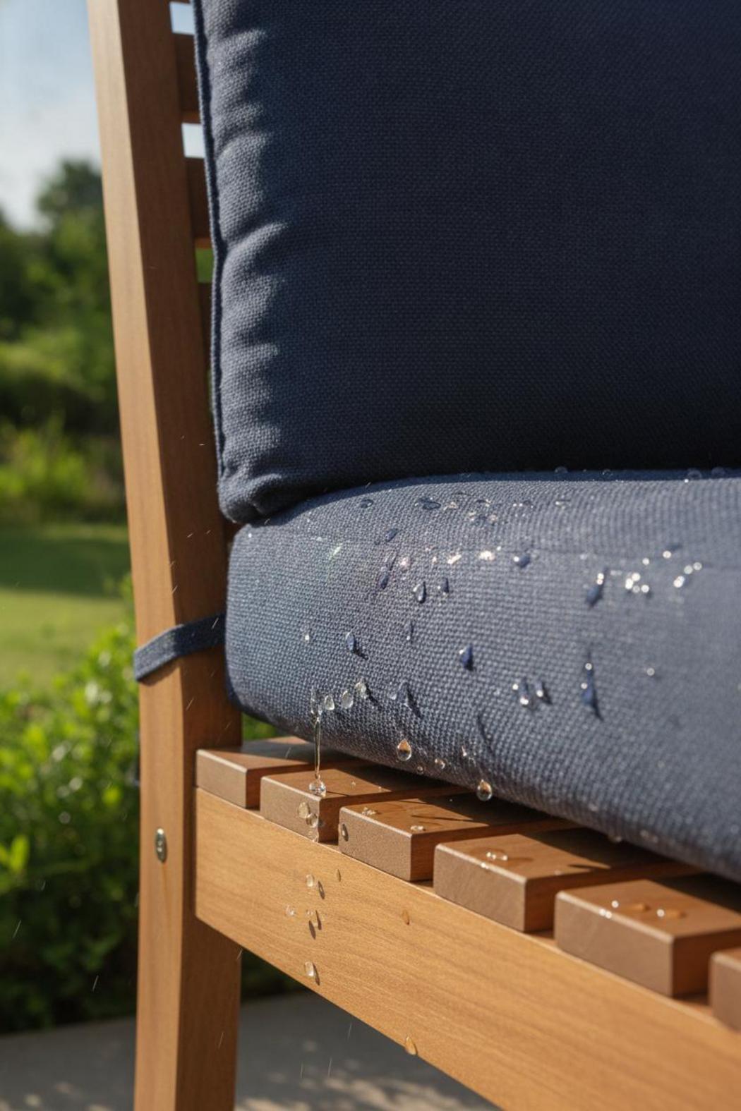 Water beading off navy blue outdoor cushion on teak chair — waterproof outdoor cushions buying guide tip