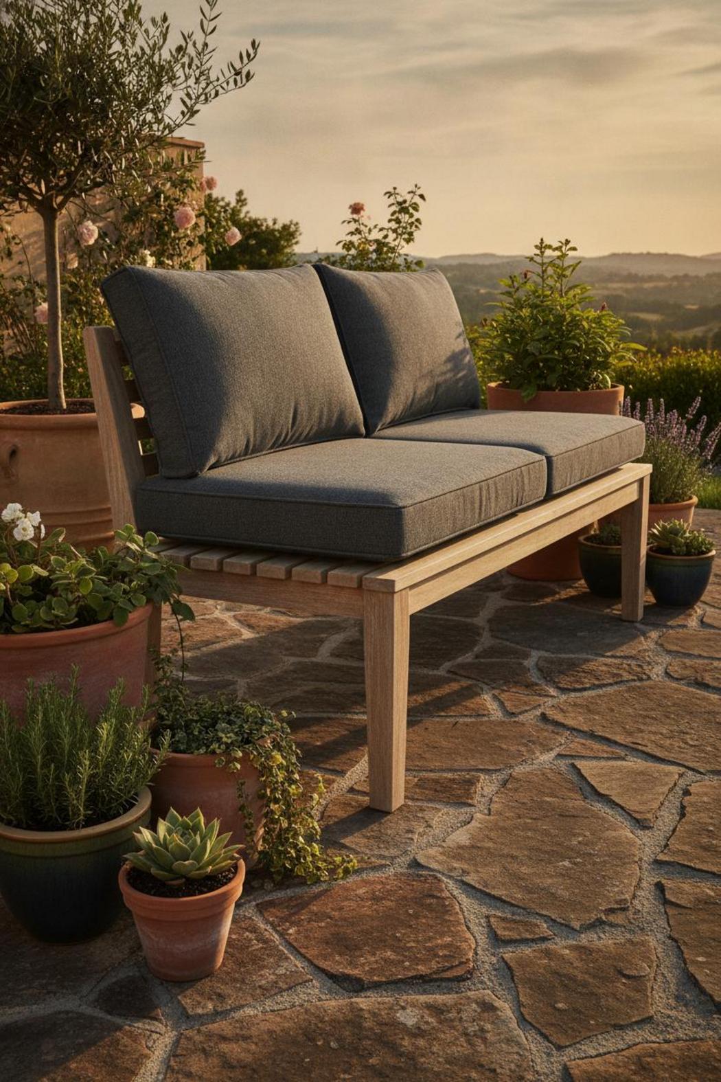 Gray outdoor bench cushions on wooden patio bench in sunlight — best bench cushions for outdoor use with ideal fit and thickness