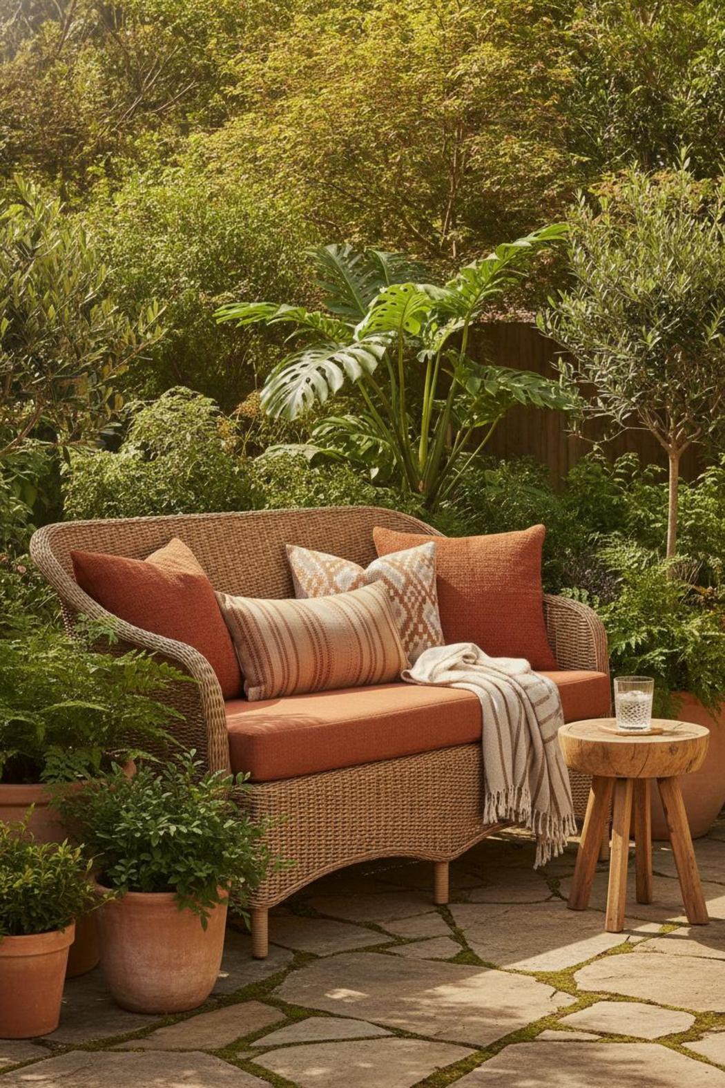 Styled backyard patio with rattan bench featuring the best bench cushions for outdoor use in earthy terracotta tones
