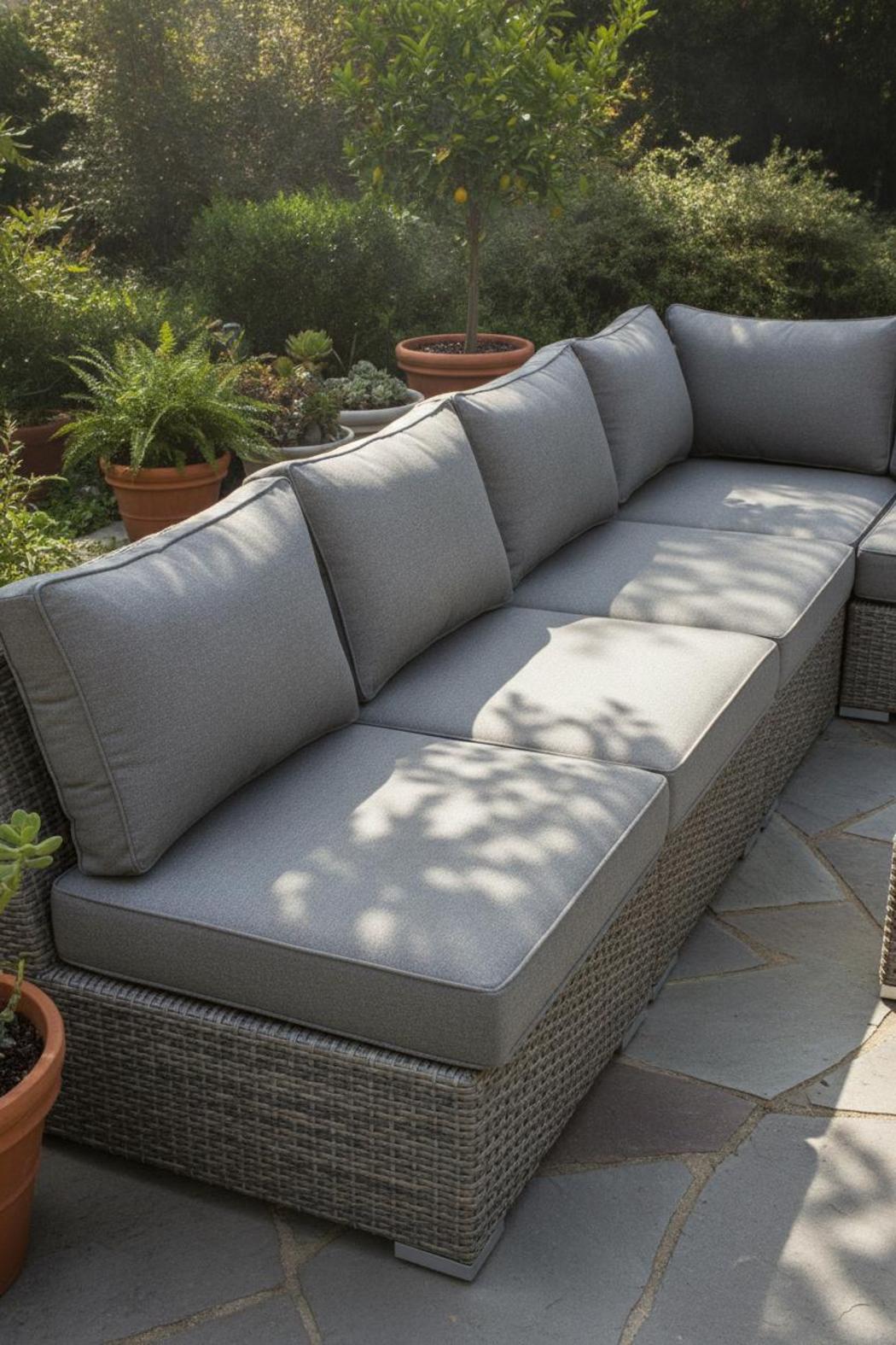 Neutral gray waterproof cushions for wicker furniture arranged on a sectional sofa on a sunlit backyard patio