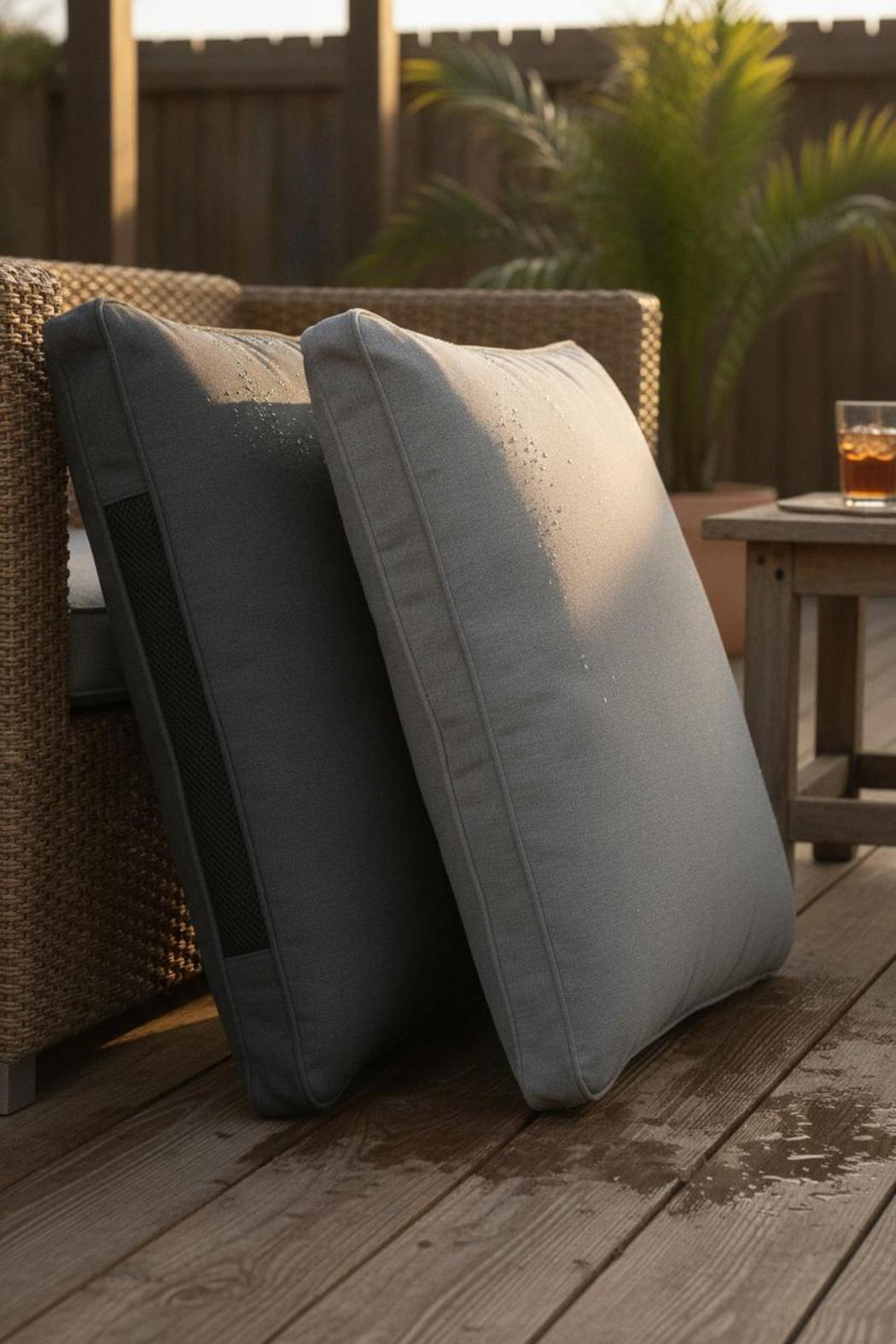 Waterproof cushions for wicker furniture air-drying upright on a covered patio in golden afternoon light