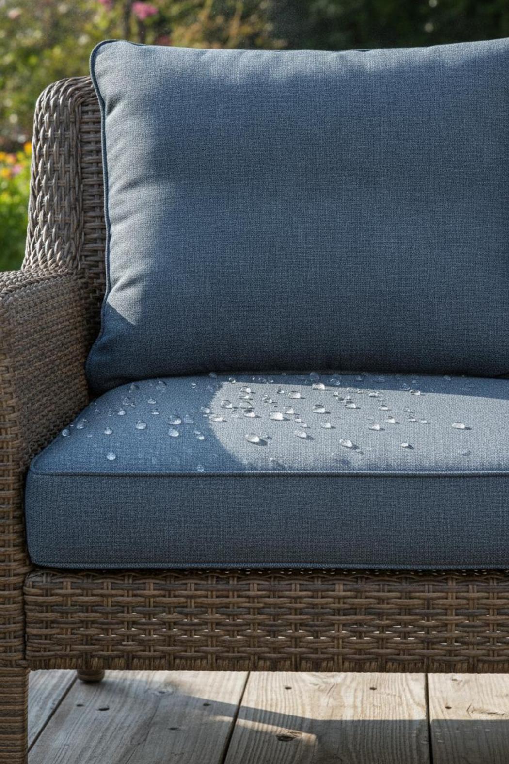 Water beading off waterproof cushions for wicker furniture on a rattan loveseat, showcasing tight Sunbrella weave in morning light