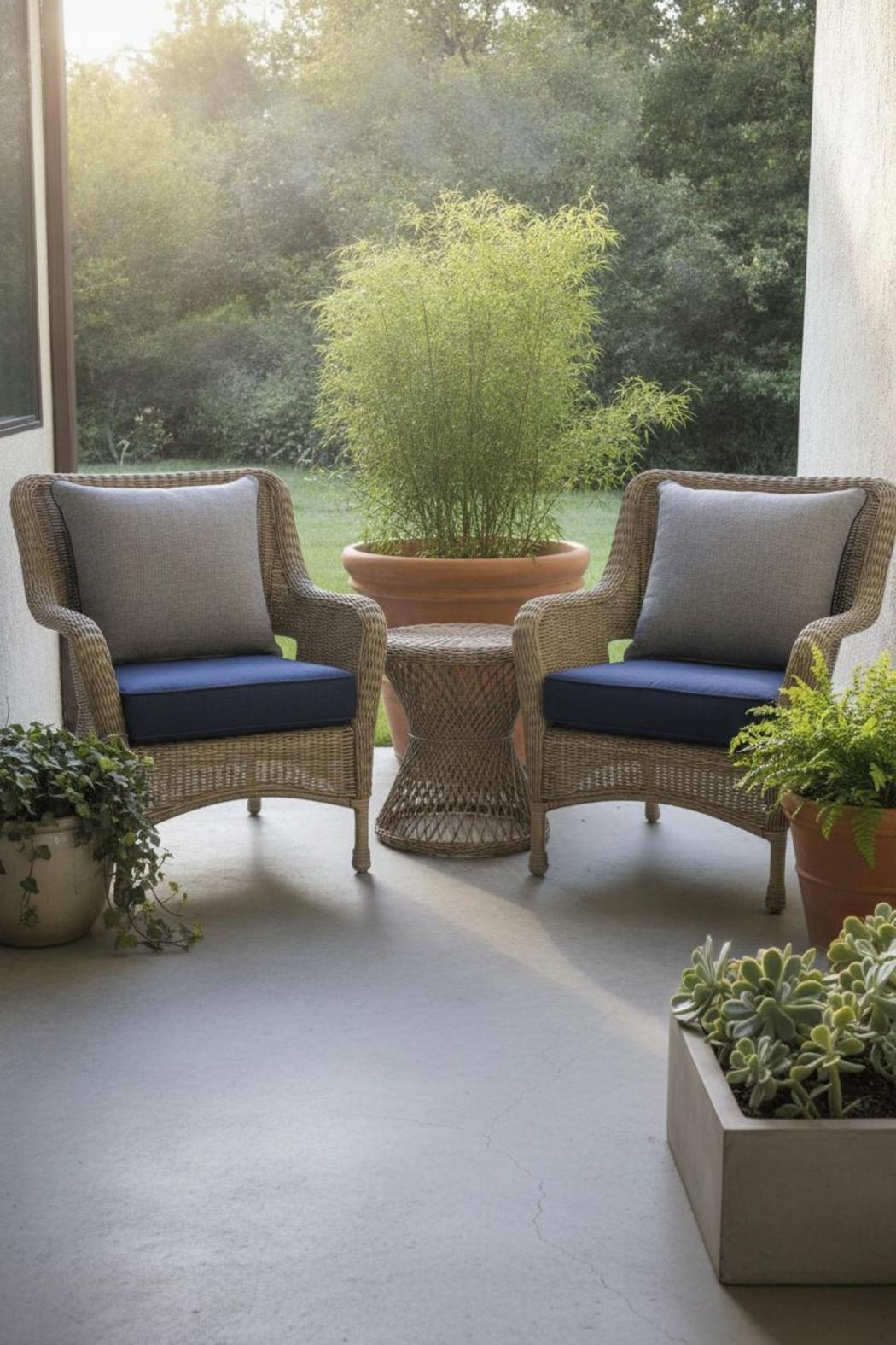 Wicker patio chairs with navy and gray affordable outdoor cushions under 50 dollars on a concrete patio with potted plants