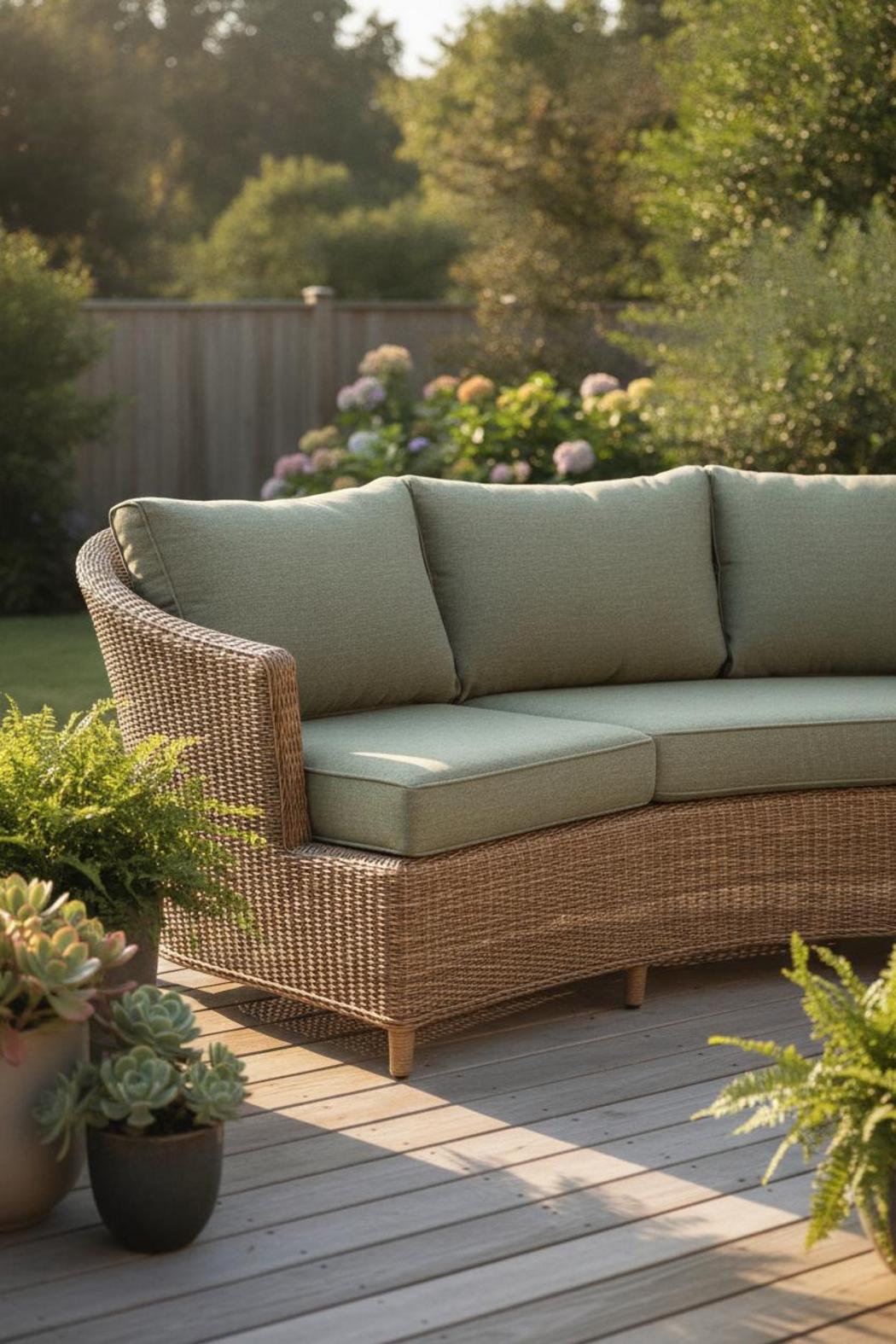 Faded sage green affordable outdoor cushions under $50 on rattan sofa, sunlit backyard deck with golden afternoon light