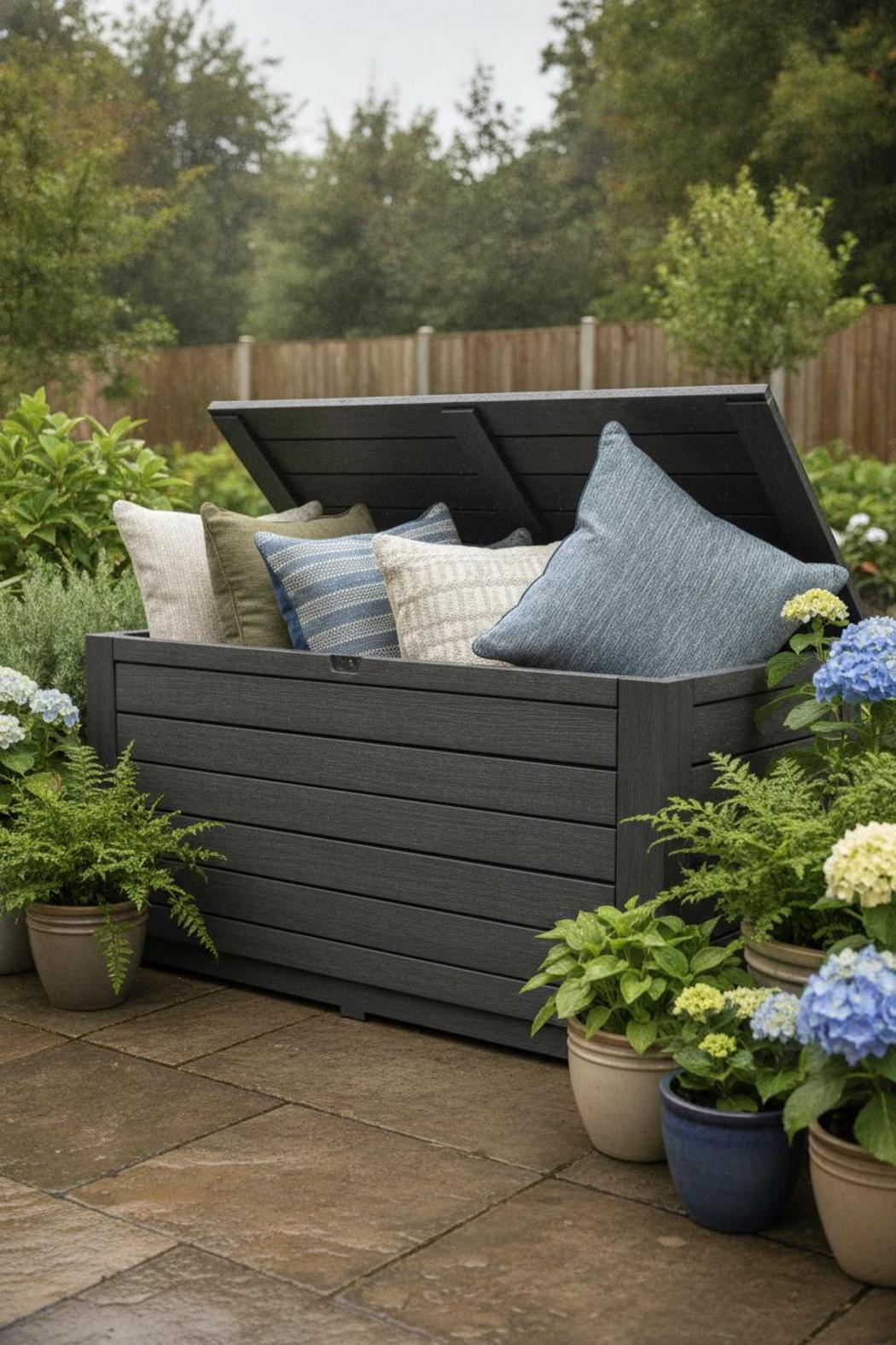 Affordable outdoor cushions under $50 stacked in a weatherproof deck storage box on a garden patio with potted plants