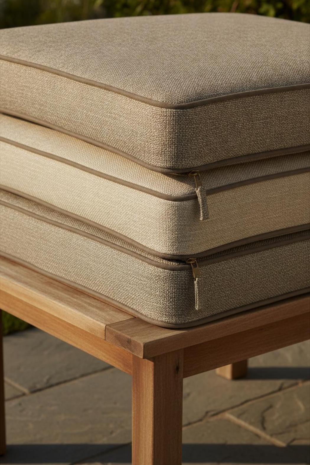 Stacked affordable outdoor cushions under 50 dollars showing fabric weave, piping detail, and zipper on a wooden patio bench