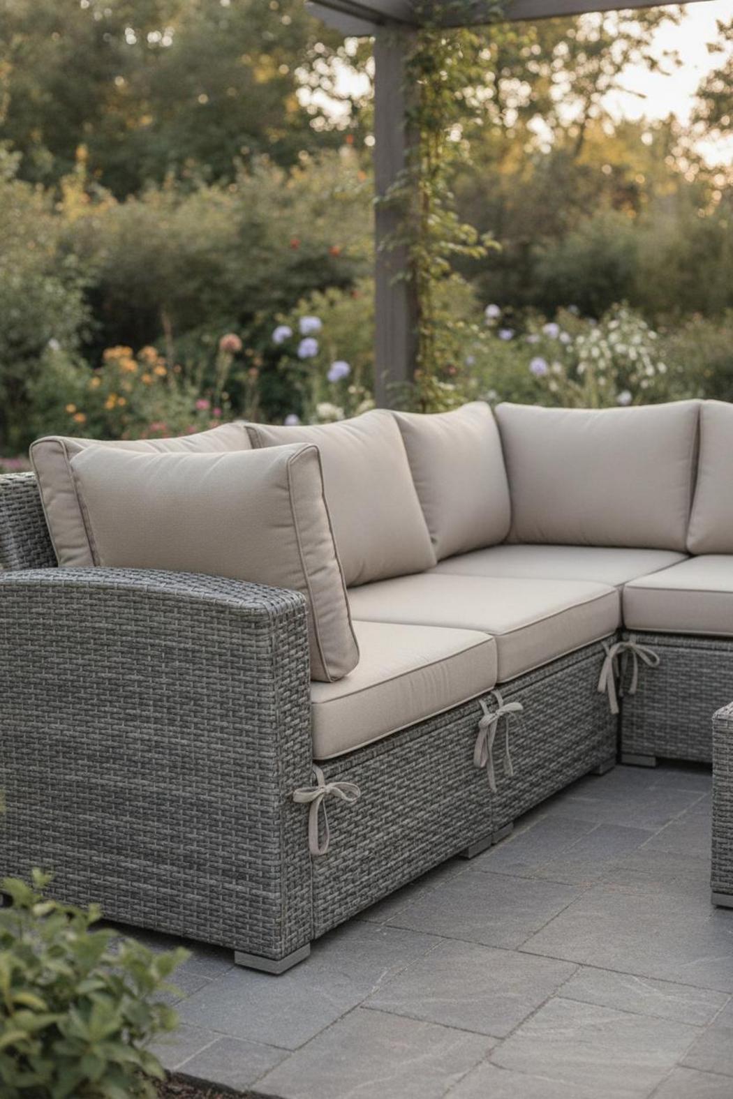 Deep-seat cushions with tie straps on grey wicker sectional sofa — best outdoor cushions for patio furniture fit guide