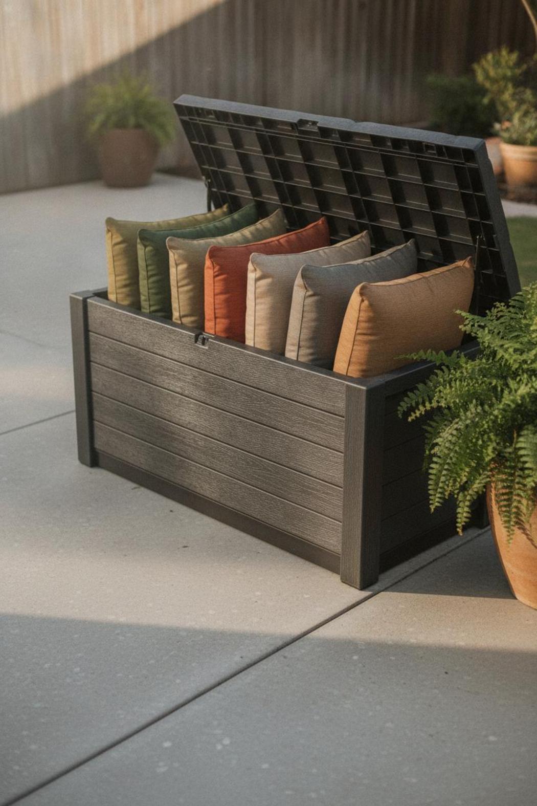 Ventilated deck box open with neatly stacked best outdoor cushions for patio furniture on concrete patio beside fern