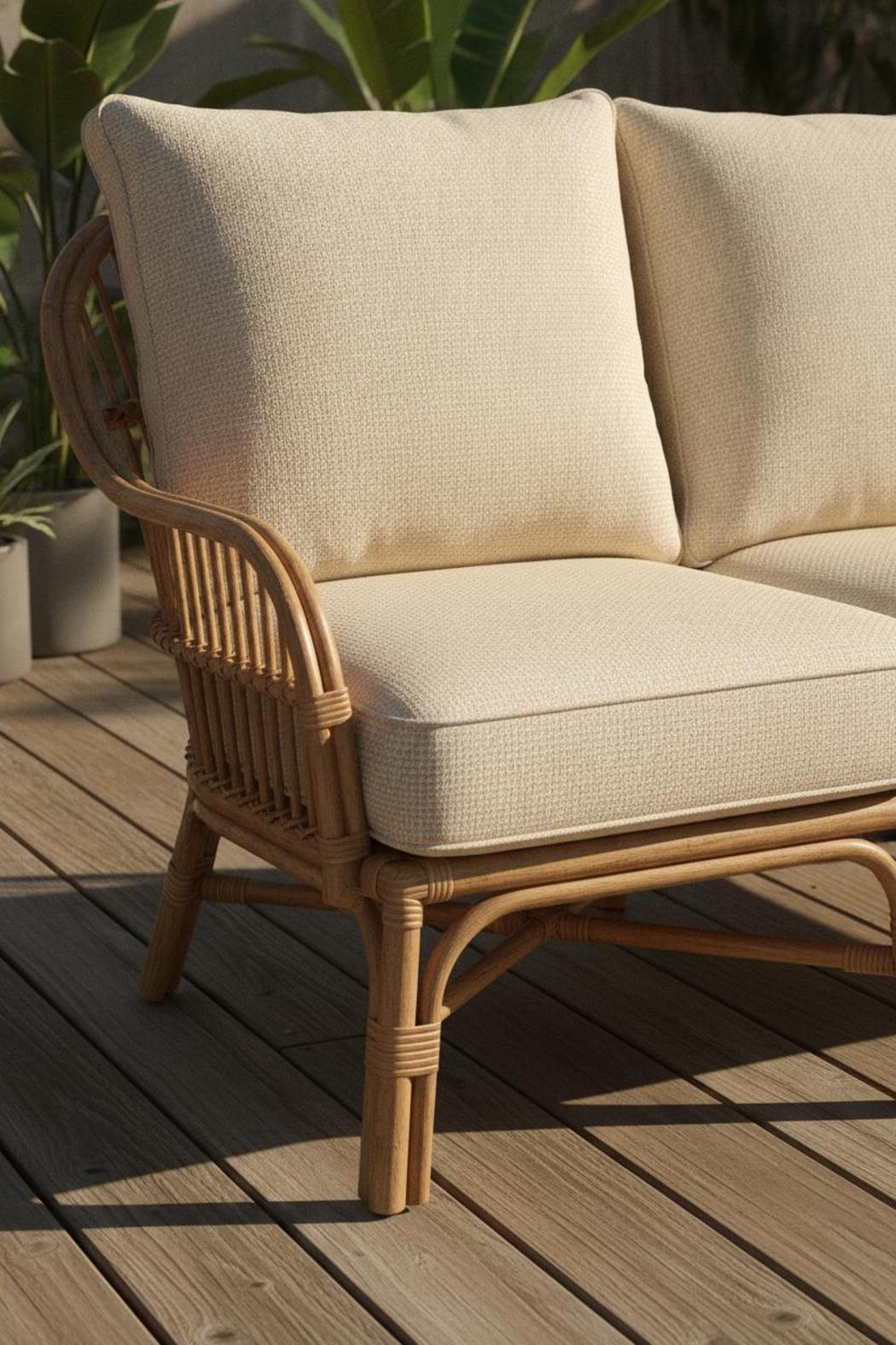Close-up of best outdoor cushions for patio furniture on rattan loveseat, showing fabric weave texture and double-stitched piping detail.