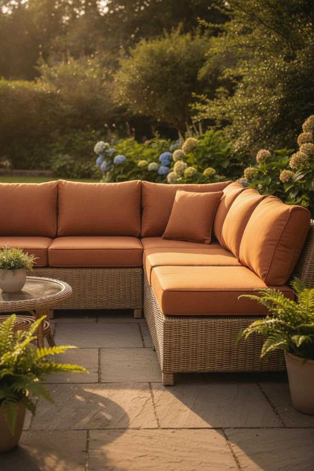 Rattan corner sofa set with terracotta replacement cushions for outdoor furniture on a sunlit backyard patio