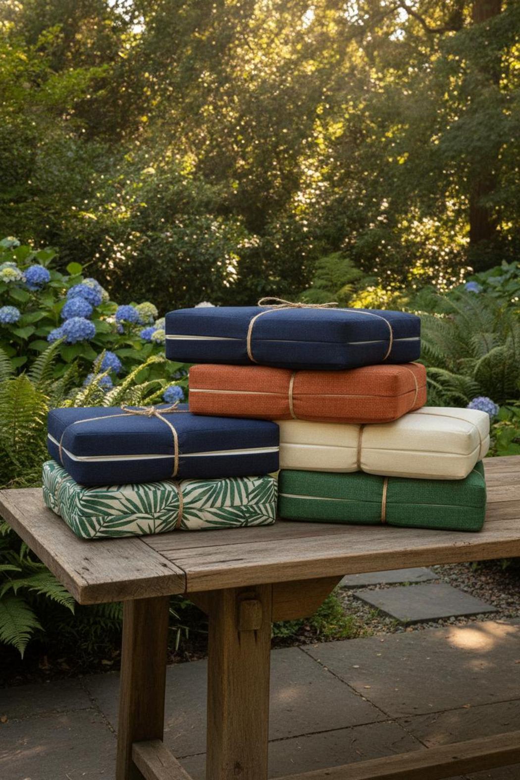Stacked replacement cushions for outdoor furniture in various colors displayed on rustic wood in a garden setting