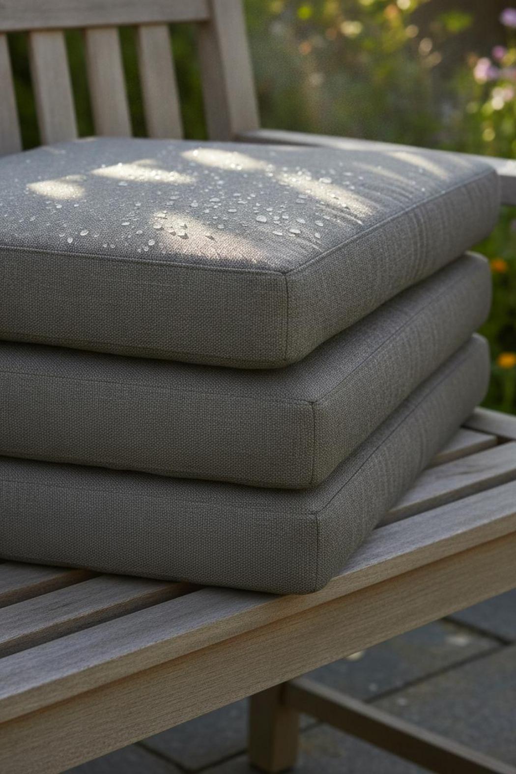 Gray Sunbrella replacement cushions for outdoor furniture stacked on teak bench with water beading on fabric texture
