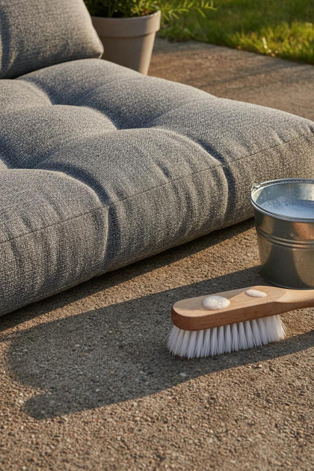 Thick gray outdoor patio cushion with scrub brush and soapy water on concrete โ how to clean outdoor patio cushions