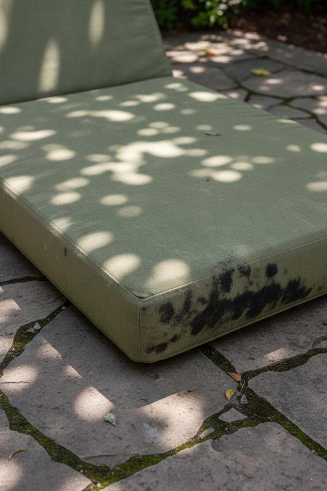 Faded green outdoor patio cushion with dark mildew spots on stone patio, showing why you need to clean outdoor patio cushions