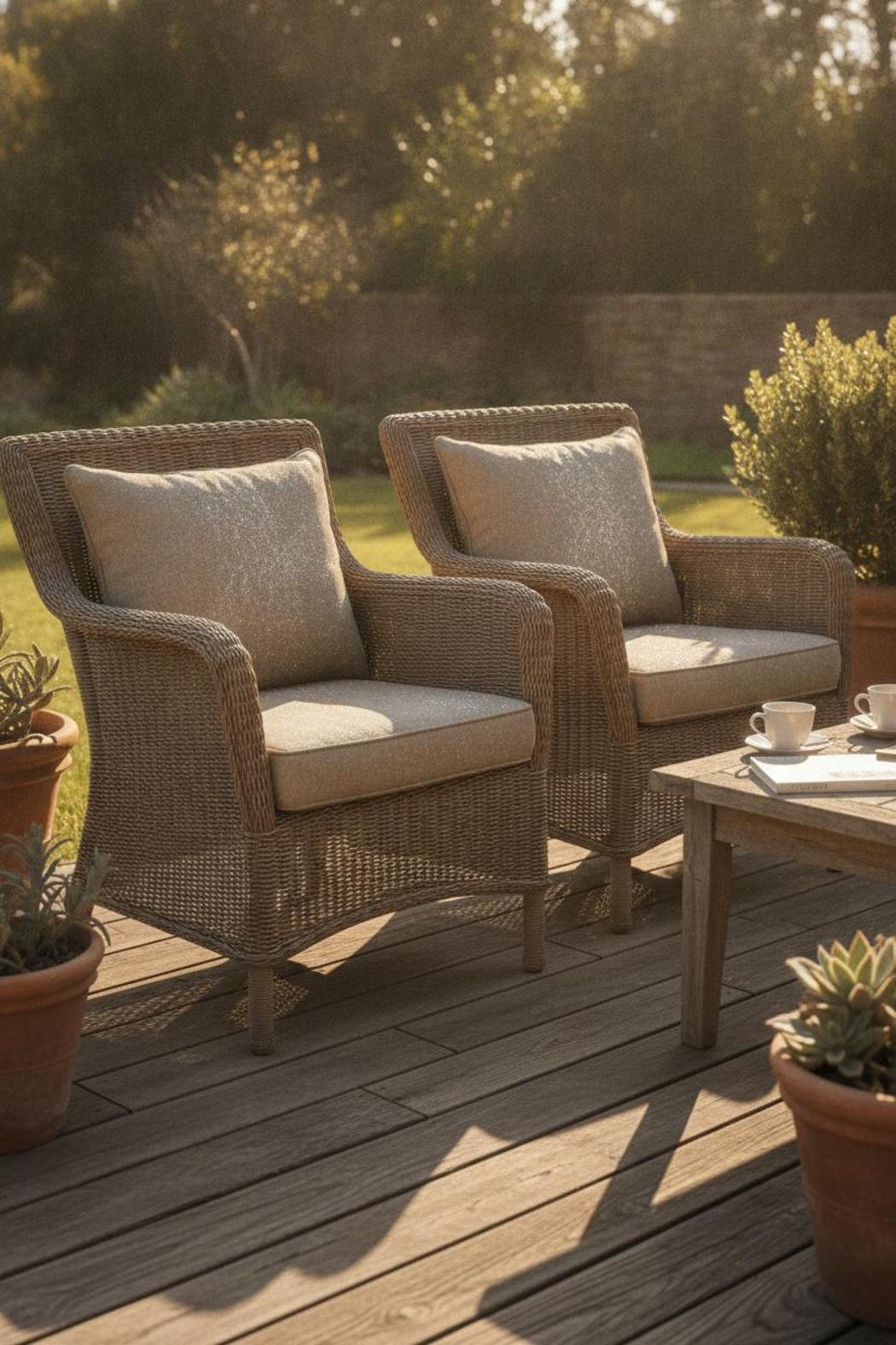 Faded wicker chair cushions on a wooden patio deck before cleaning outdoor patio cushions